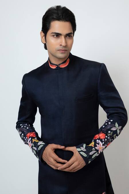 Yoseba_Blue Linen, Cotton Embroidery Floral Cutdana And Chid Achkan Set _at_Aza_Fashions