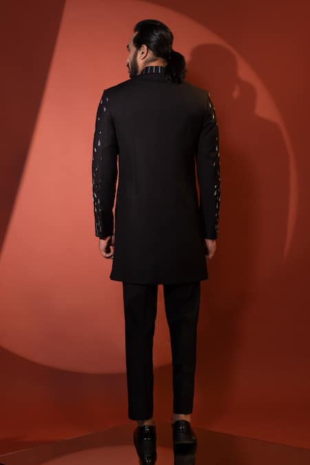 Shop Yoseba Black Polyester Zari, Embroidery Leaf Motif Achkan And Trouser Set at Aza Fashions Shop_Yoseba_Black Polyester Zari, Embroidery Leaf Motif Achkan And Trouser Set _at_Aza_Fashions