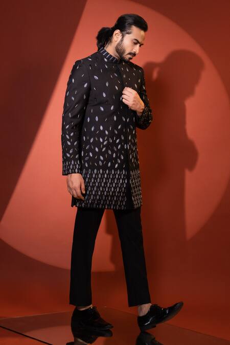 Yoseba Black Polyester Zari, Embroidery Leaf Motif Achkan And Trouser Set Online at Aza Fashions Yoseba_Black Polyester Zari, Embroidery Leaf Motif Achkan And Trouser Set _Online_at_Aza_Fashions