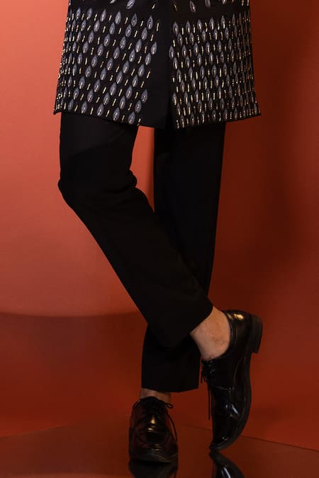 Shop Yoseba Black Polyester Zari, Embroidery Leaf Motif Achkan And Trouser Set Online at Aza Fashions Shop_Yoseba_Black Polyester Zari, Embroidery Leaf Motif Achkan And Trouser Set _Online_at_Aza_Fashions