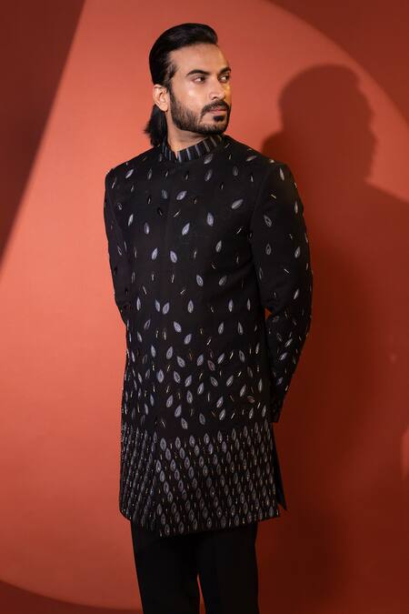 Yoseba Black Polyester Zari, Embroidery Leaf Motif Achkan And Trouser Set at Aza Fashions Yoseba_Black Polyester Zari, Embroidery Leaf Motif Achkan And Trouser Set _at_Aza_Fashions