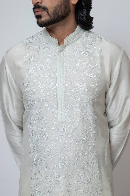 Shop Yoseba Grey Bamboo, Cotton Embroidery Floral Thread Kurta And Pant Set Shop_Yoseba_Grey Bamboo, Cotton Embroidery Floral Thread Kurta And Pant Set