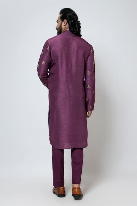 Shop Yoseba Purple Bamboo, Cotton Zari, Embroidery Petals Zardozi Kurta And Pant Set at Aza Fashions Shop_Yoseba_Purple Bamboo, Cotton Zari, Embroidery Petals Zardozi Kurta And Pant Set _at_Aza_Fashions