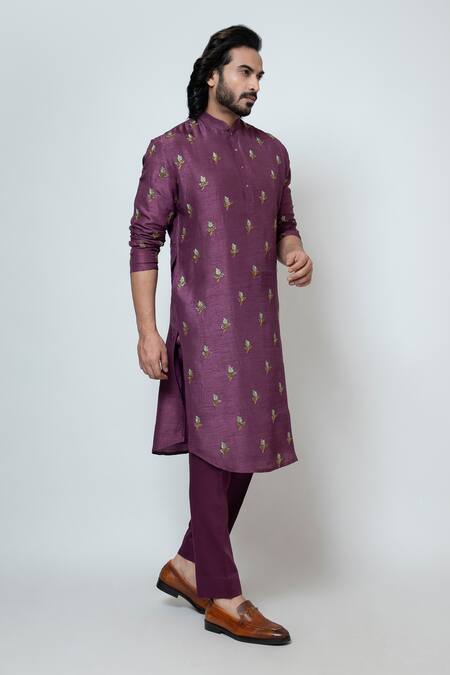 Buy Yoseba Purple Bamboo, Cotton Zari, Embroidery Petals Zardozi Kurta And Pant Set Online at Aza Fashions Buy_Yoseba_Purple Bamboo, Cotton Zari, Embroidery Petals Zardozi Kurta And Pant Set _Online_at_Aza_Fashions