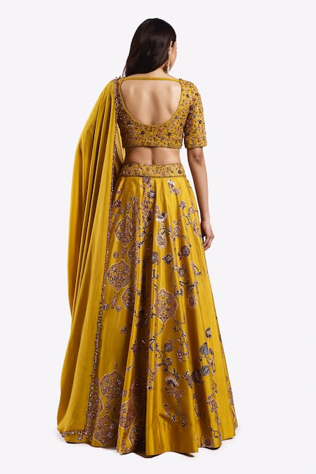 Shop Onaya Yellow Crepe Sequins, Zari, Embroidery Plunge Neck Floral Lehenga Set at Aza Fashions Shop_Onaya_Yellow Crepe Sequins, Zari, Embroidery Plunge Neck Floral Lehenga Set _at_Aza_Fashions
