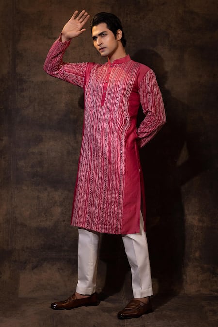 Shop Yoseba Red Bamboo, Cotton Mirrors, Gulabi Glamour Thread Work Kurta And Pant Set Online at Aza Fashions Shop_Yoseba_Red Bamboo, Cotton Mirrors, Gulabi Glamour Thread Work Kurta And Pant Set _Online_at_Aza_Fashions