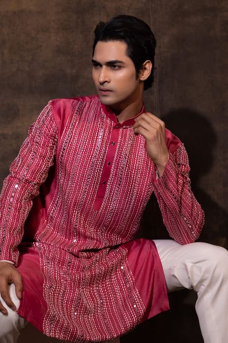 Buy Yoseba Red Bamboo, Cotton Mirrors, Gulabi Glamour Thread Work Kurta And Pant Set Buy_Yoseba_Red Bamboo, Cotton Mirrors, Gulabi Glamour Thread Work Kurta And Pant Set