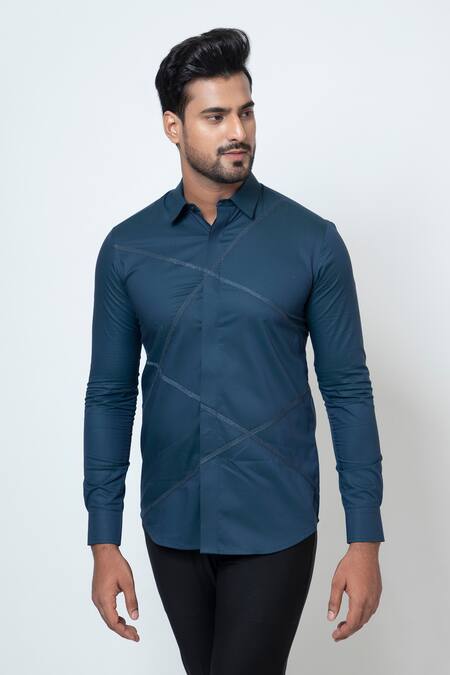 Yoseba Blue Cotton Azure Collared Long Sleeve Shirt Online at Aza Fashions Yoseba_Blue Cotton Azure Collared Long Sleeve Shirt _Online_at_Aza_Fashions