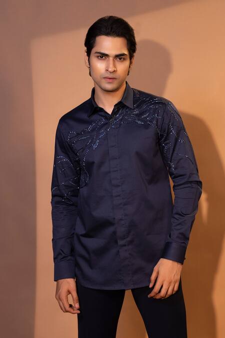 Yoseba_Blue Cotton Cut Work, Embroidery Geode Cutdana And Chid Shirt _Online_at_Aza_Fashions