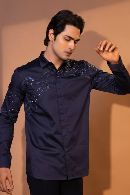 Shop_Yoseba_Blue Cotton Cut Work, Embroidery Geode Cutdana And Chid Shirt _Online_at_Aza_Fashions