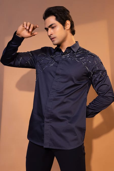Yoseba_Blue Cotton Cut Work, Embroidery Geode Cutdana And Chid Shirt _at_Aza_Fashions