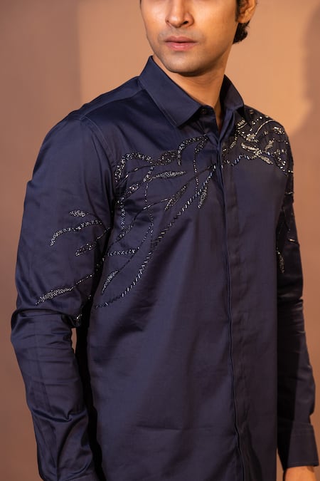 Shop_Yoseba_Blue Cotton Cut Work, Embroidery Geode Cutdana And Chid Shirt 