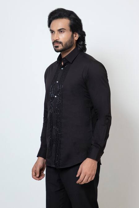 Yoseba_Black Cotton Cut Work, Embroidery Shadow Weave Cutdana And Chid Shirt _Online_at_Aza_Fashions