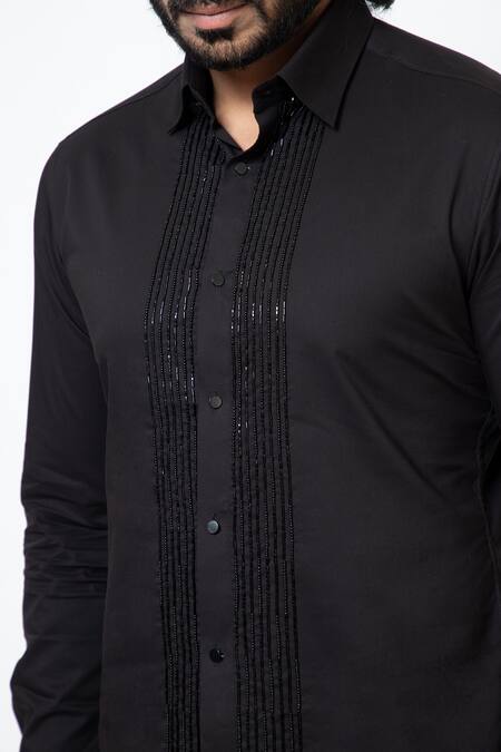 Shop_Yoseba_Black Cotton Cut Work, Embroidery Shadow Weave Cutdana And Chid Shirt _Online_at_Aza_Fashions