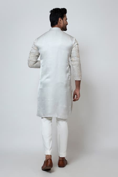 Shop Yoseba Grey Linen, Satin, Cotton Embroidery Kadhai Jaal Work Kurta And Pant Set at Aza Fashions Shop_Yoseba_Grey Linen, Satin, Cotton Embroidery Kadhai Jaal Work Kurta And Pant Set _at_Aza_Fashions
