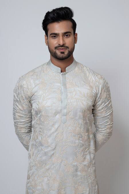 Shop Yoseba Grey Linen, Satin, Cotton Embroidery Kadhai Jaal Work Kurta And Pant Set Online at Aza Fashions Shop_Yoseba_Grey Linen, Satin, Cotton Embroidery Kadhai Jaal Work Kurta And Pant Set _Online_at_Aza_Fashions