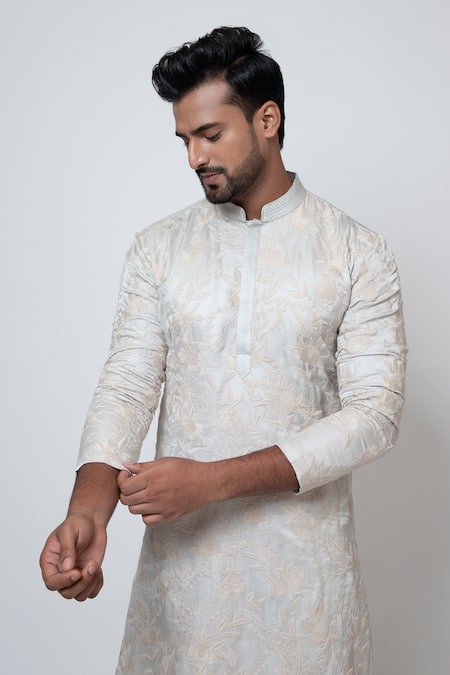 Yoseba Grey Linen, Satin, Cotton Embroidery Kadhai Jaal Work Kurta And Pant Set at Aza Fashions Yoseba_Grey Linen, Satin, Cotton Embroidery Kadhai Jaal Work Kurta And Pant Set _at_Aza_Fashions