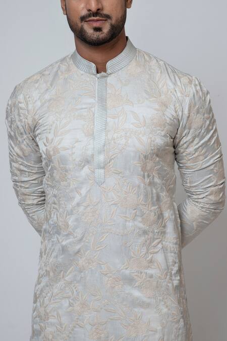 Buy Yoseba Grey Linen, Satin, Cotton Embroidery Kadhai Jaal Work Kurta And Pant Set Buy_Yoseba_Grey Linen, Satin, Cotton Embroidery Kadhai Jaal Work Kurta And Pant Set