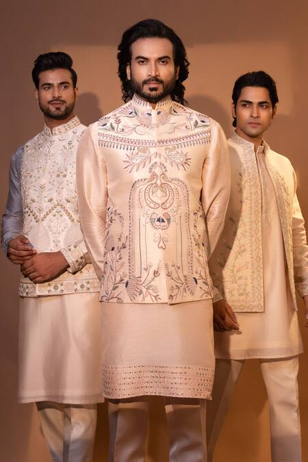 Shop Yoseba Pink Chanderi Silk, Cotton Embroidery Bundi Kurta Set Online at Aza Fashions Shop_Yoseba_Pink Chanderi Silk, Cotton Embroidery Bundi Kurta Set _Online_at_Aza_Fashions