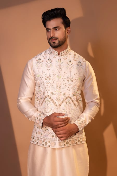 Buy Yoseba Pink Chanderi Silk, Cotton Embroidery Bundi Kurta Set Buy_Yoseba_Pink Chanderi Silk, Cotton Embroidery Bundi Kurta Set