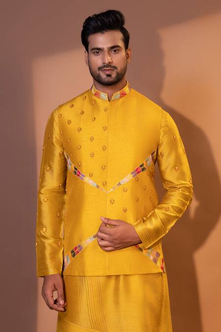 Shop Yoseba Yellow Bamboo, Cotton Embroidery Mustard Linear Bundi Set Online at Aza Fashions Shop_Yoseba_Yellow Bamboo, Cotton Embroidery Mustard Linear Bundi Set _Online_at_Aza_Fashions