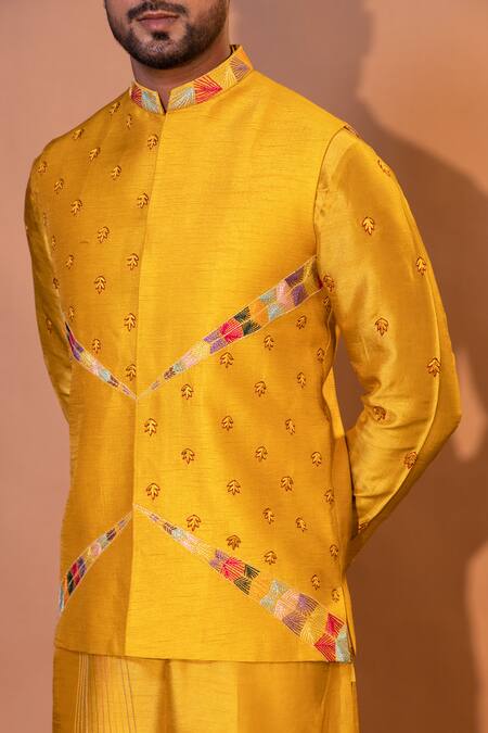 Yoseba Yellow Bamboo, Cotton Embroidery Mustard Linear Bundi Set at Aza Fashions Yoseba_Yellow Bamboo, Cotton Embroidery Mustard Linear Bundi Set _at_Aza_Fashions