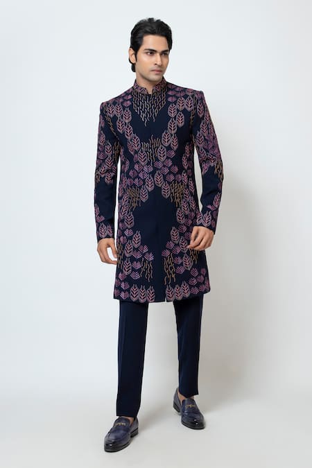 Shop Yoseba Blue Cotton Sequins French Knot Leaf Motif Achkan Set at Aza Fashions Shop_Yoseba_Blue Cotton Sequins French Knot Leaf Motif Achkan Set _at_Aza_Fashions