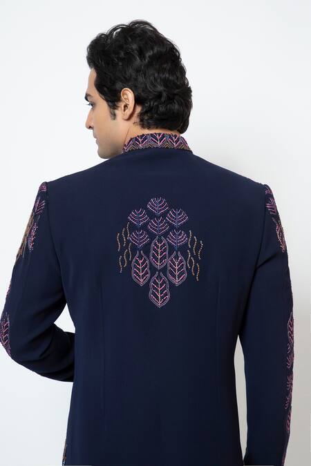 Yoseba Blue Cotton Sequins French Knot Leaf Motif Achkan Set Online at Aza Fashions Yoseba_Blue Cotton Sequins French Knot Leaf Motif Achkan Set _Online_at_Aza_Fashions