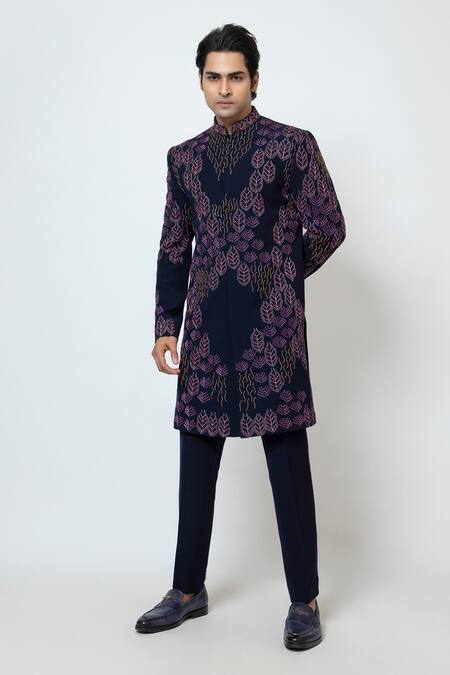 Shop Yoseba Blue Cotton Sequins French Knot Leaf Motif Achkan Set Online at Aza Fashions Shop_Yoseba_Blue Cotton Sequins French Knot Leaf Motif Achkan Set _Online_at_Aza_Fashions