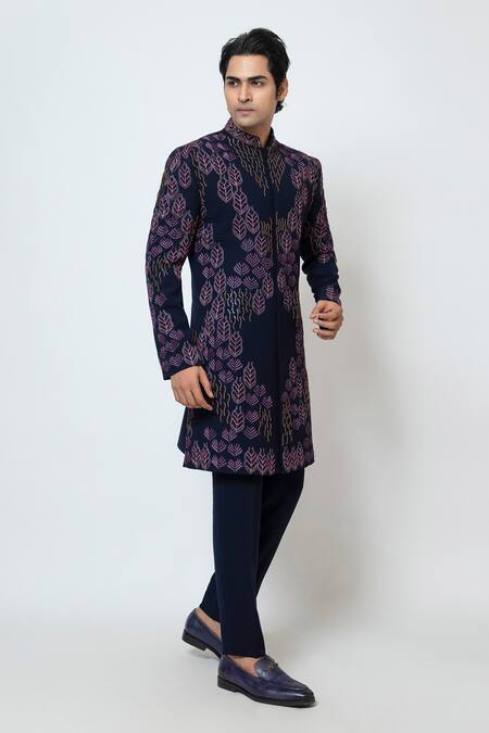 Yoseba Blue Cotton Sequins French Knot Leaf Motif Achkan Set at Aza Fashions Yoseba_Blue Cotton Sequins French Knot Leaf Motif Achkan Set _at_Aza_Fashions