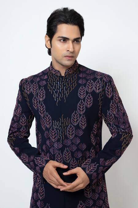 Buy Yoseba Blue Cotton Sequins French Knot Leaf Motif Achkan Set Buy_Yoseba_Blue Cotton Sequins French Knot Leaf Motif Achkan Set