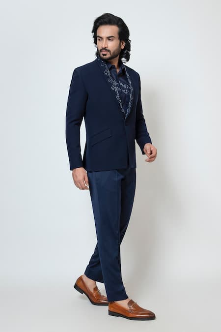 Shop Yoseba Black Polyester Cut Work Electric Embroidered Lapel Collar Blazer And Trouser Set Online at Aza Fashions Shop_Yoseba_Black Polyester Cut Work Electric Embroidered Lapel Collar Blazer And Trouser Set _Online_at_Aza_Fashions