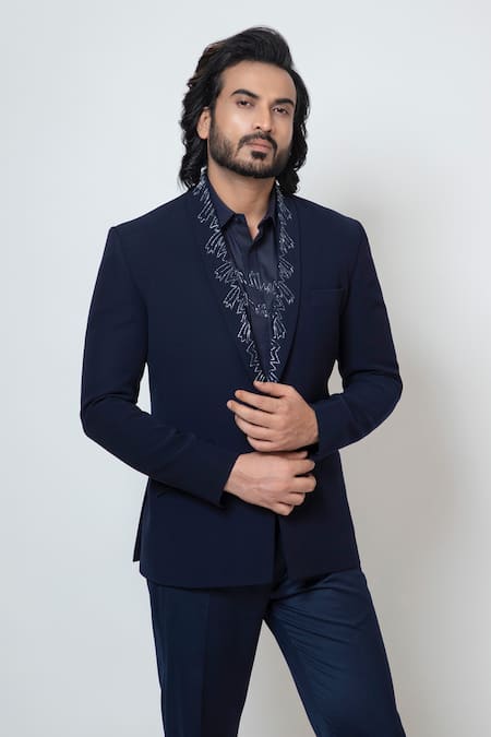 Yoseba Black Polyester Cut Work Electric Embroidered Lapel Collar Blazer And Trouser Set at Aza Fashions Yoseba_Black Polyester Cut Work Electric Embroidered Lapel Collar Blazer And Trouser Set _at_Aza_Fashions
