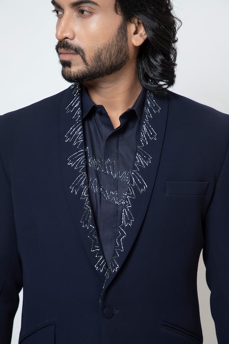 Buy Yoseba Black Polyester Cut Work Electric Embroidered Lapel Collar Blazer And Trouser Set Buy_Yoseba_Black Polyester Cut Work Electric Embroidered Lapel Collar Blazer And Trouser Set