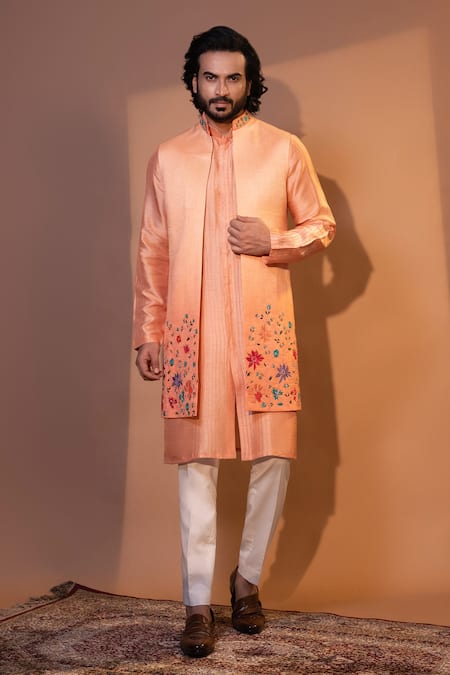 Shop Yoseba Peach Bamboo, Cotton Embroidery Floral Thread Nehru Jacket Set at Aza Fashions Shop_Yoseba_Peach Bamboo, Cotton Embroidery Floral Thread Nehru Jacket Set _at_Aza_Fashions