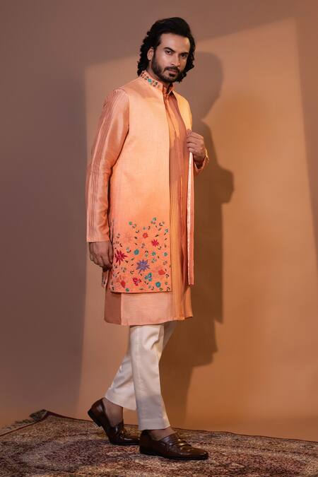 Buy Yoseba Peach Bamboo, Cotton Embroidery Floral Thread Nehru Jacket Set Online at Aza Fashions Buy_Yoseba_Peach Bamboo, Cotton Embroidery Floral Thread Nehru Jacket Set _Online_at_Aza_Fashions