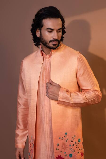 Shop Yoseba Peach Bamboo, Cotton Embroidery Floral Thread Nehru Jacket Set Online at Aza Fashions Shop_Yoseba_Peach Bamboo, Cotton Embroidery Floral Thread Nehru Jacket Set _Online_at_Aza_Fashions