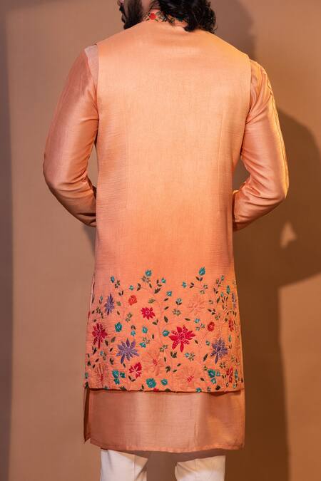 Yoseba Peach Bamboo, Cotton Embroidery Floral Thread Nehru Jacket Set at Aza Fashions Yoseba_Peach Bamboo, Cotton Embroidery Floral Thread Nehru Jacket Set _at_Aza_Fashions