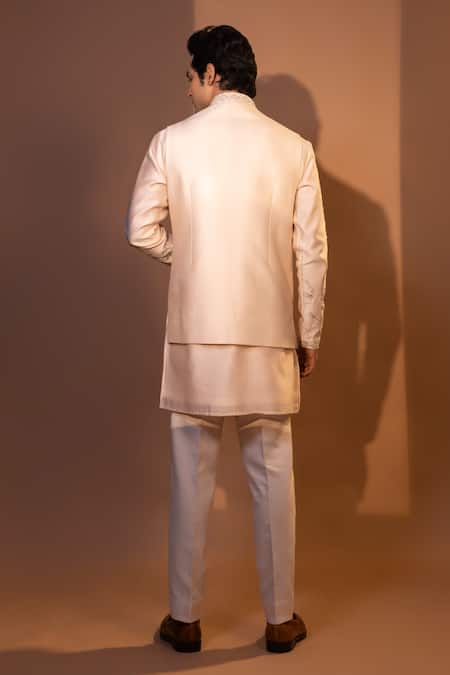 Yoseba_Peach Chanderi Silk, Cotton Embroidery Bundi Set _Online_at_Aza_Fashions