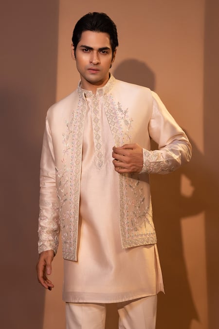 Yoseba_Peach Chanderi Silk, Cotton Embroidery Bundi Set _at_Aza_Fashions