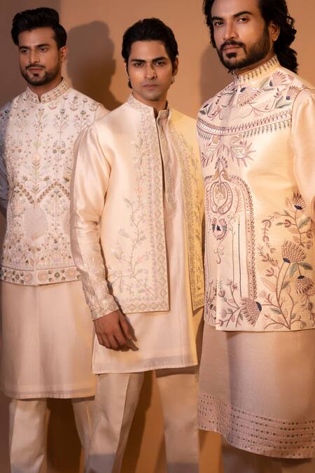 Shop_Yoseba_Peach Chanderi Silk, Cotton Embroidery Bundi Set 