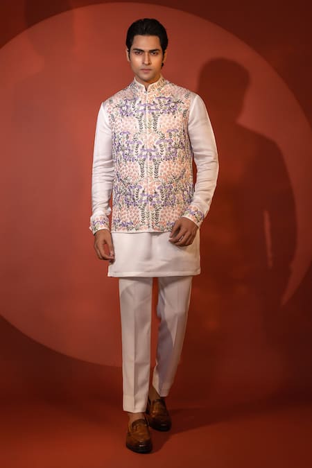 Shop_Yoseba_White Linen, Satin, Cotton Embroidery Floral Bundi Kurta Set _Online_at_Aza_Fashions