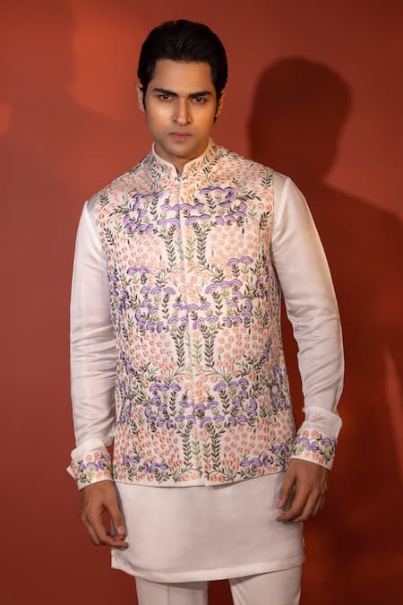 Yoseba_White Linen, Satin, Cotton Embroidery Floral Bundi Kurta Set _at_Aza_Fashions