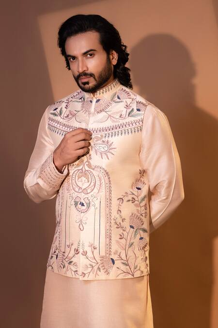 Shop Yoseba Pink Linen, Satin, Cotton Sequins, Embroidery Blush Thread And Bundi Set Shop_Yoseba_Pink Linen, Satin, Cotton Sequins, Embroidery Blush Thread And Bundi Set