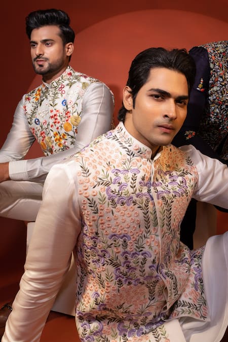 Buy_Yoseba_Green Chanderi, Cotton Embroidery Floral Thread Bundi Kurta Set _Online_at_Aza_Fashions