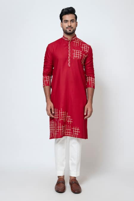 Yoseba_Red Cotton, Silk Sequins, Embroidery Charm Box Thread Work Kurta And Pant Set _Online_at_Aza_Fashions