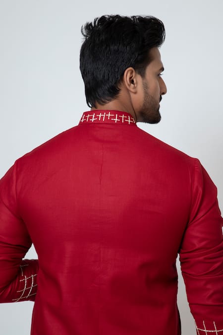 Buy_Yoseba_Red Cotton, Silk Sequins, Embroidery Charm Box Thread Work Kurta And Pant Set _Online_at_Aza_Fashions