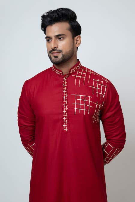 Shop_Yoseba_Red Cotton, Silk Sequins, Embroidery Charm Box Thread Work Kurta And Pant Set _Online_at_Aza_Fashions
