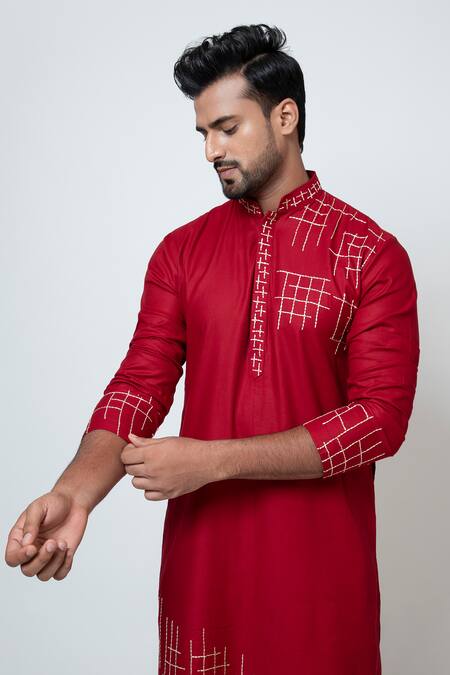 Yoseba_Red Cotton, Silk Sequins, Embroidery Charm Box Thread Work Kurta And Pant Set _at_Aza_Fashions