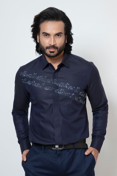 YOSEBA Blue Premium Cotton Embroidered Cutdana Button Down Shirt 